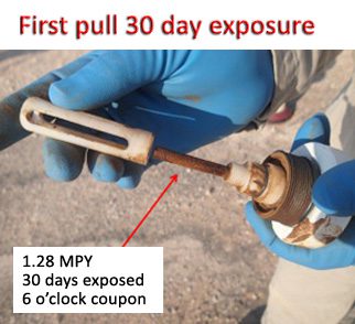 fig7. First pull 30 day exposure. 1.28 MPY. 30 days exposed. 6 oclock coupon