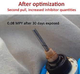 fig9. After optimization. Second pull, increased inhibitor quantities. 0.08 MPY after 30 days exposed.